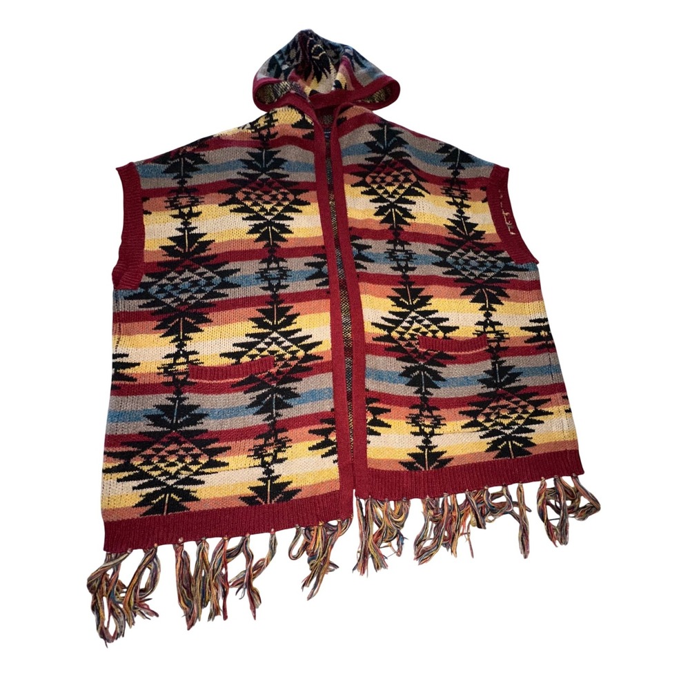 American Eagle Sweater Womens Medium Southwestern Aztec‎ Poncho Hood Fringe